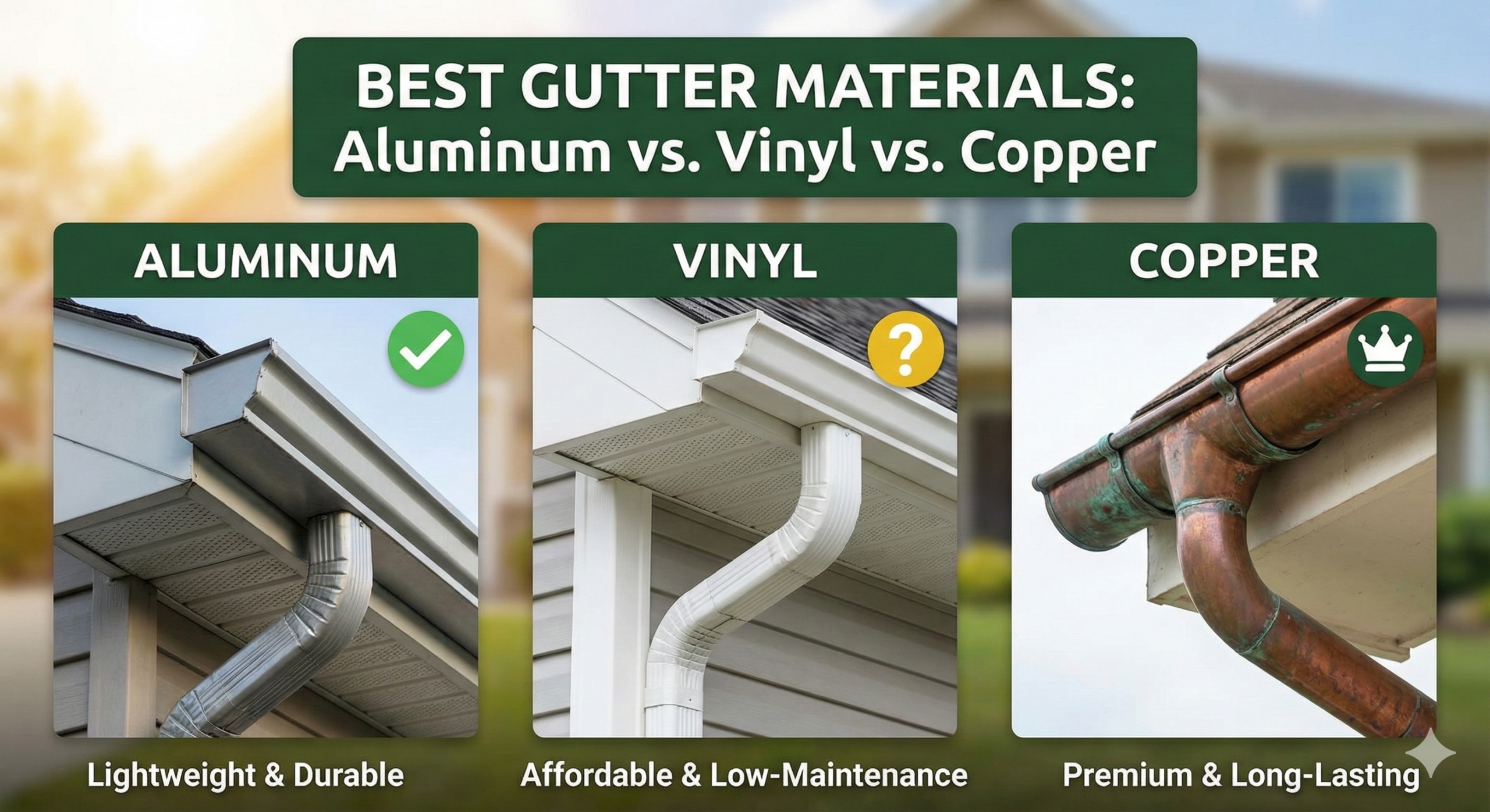 House exterior featuring copper and aluminum gutters