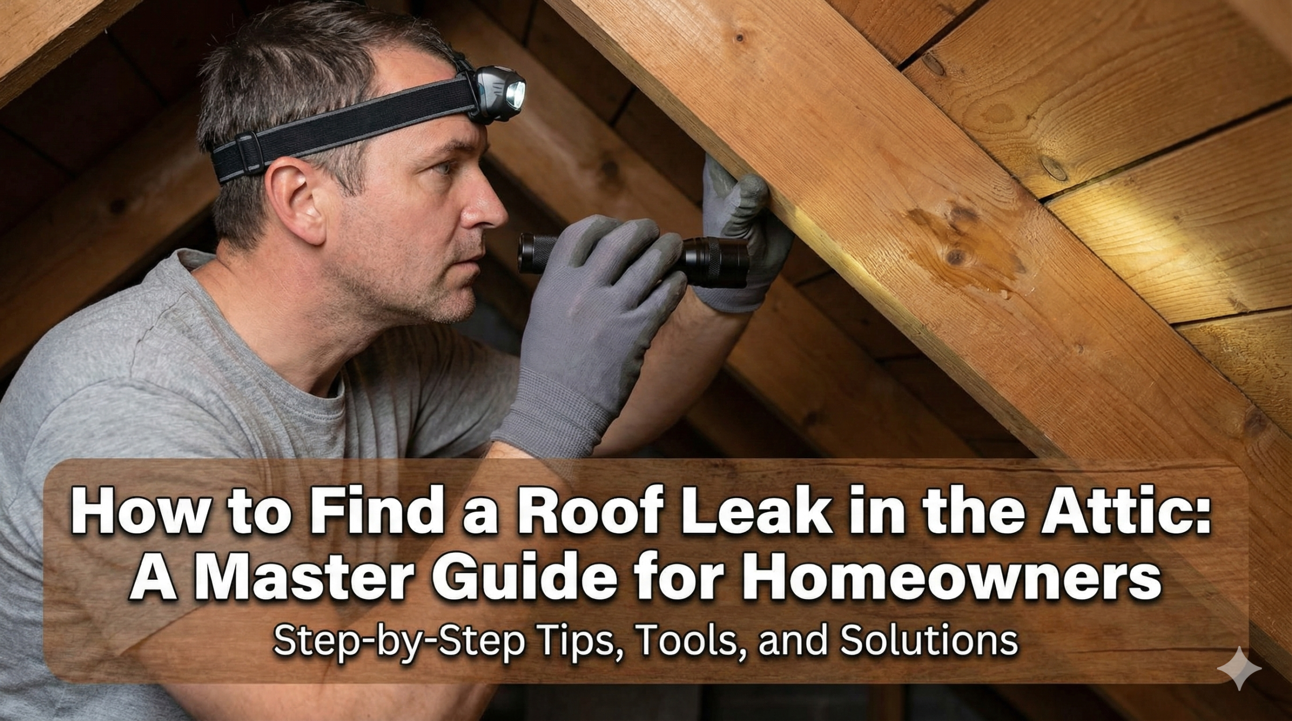 Inspecting a dark attic for roof leaks with a flashlight