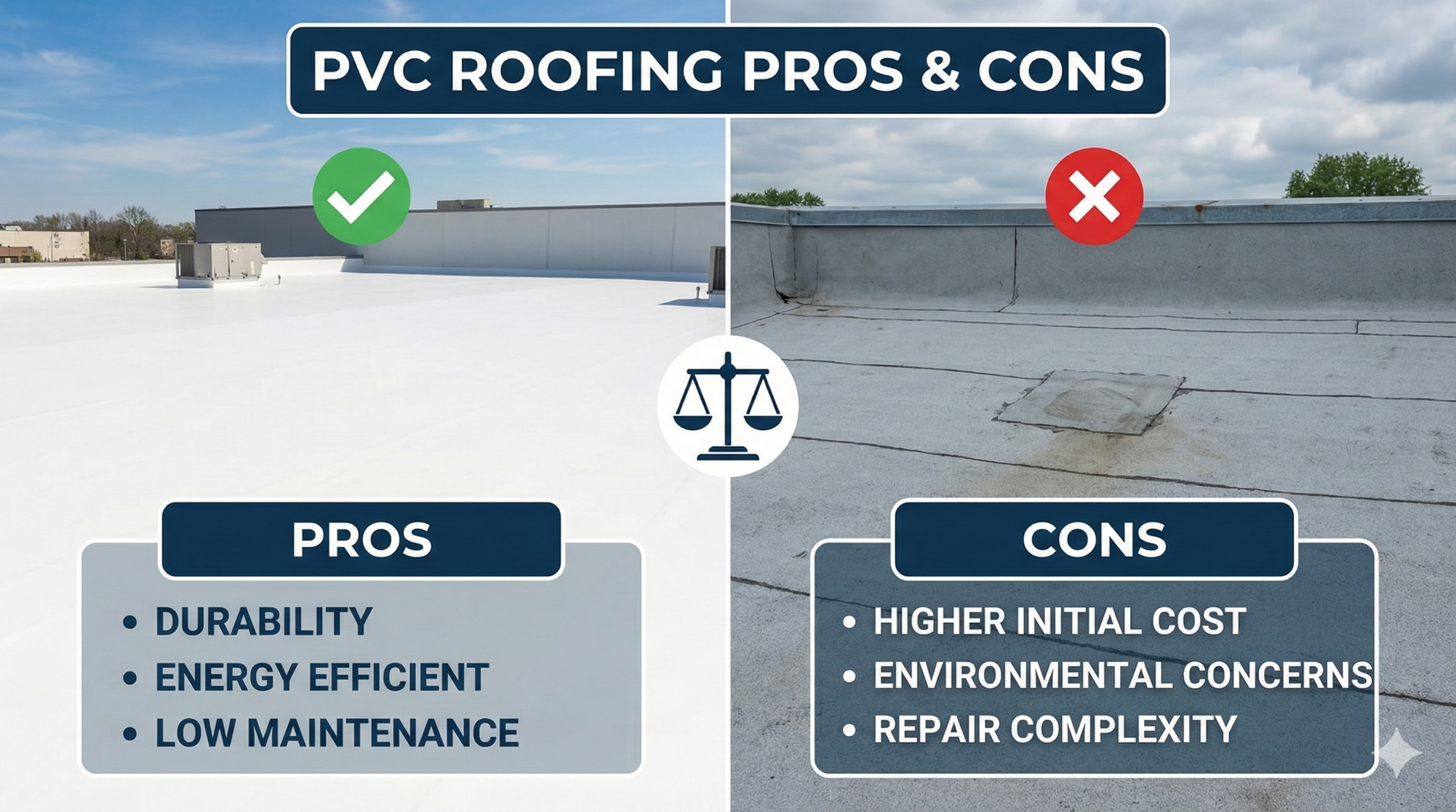 Commercial flat roof with white PVC membrane installation