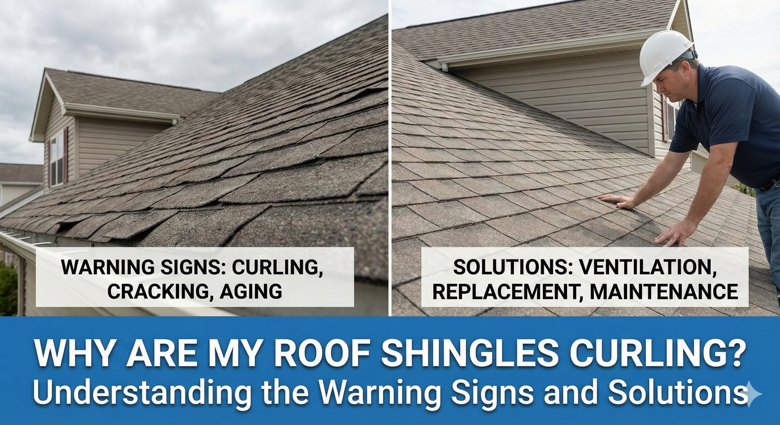 Curling and damaged asphalt shingles on a residential roof