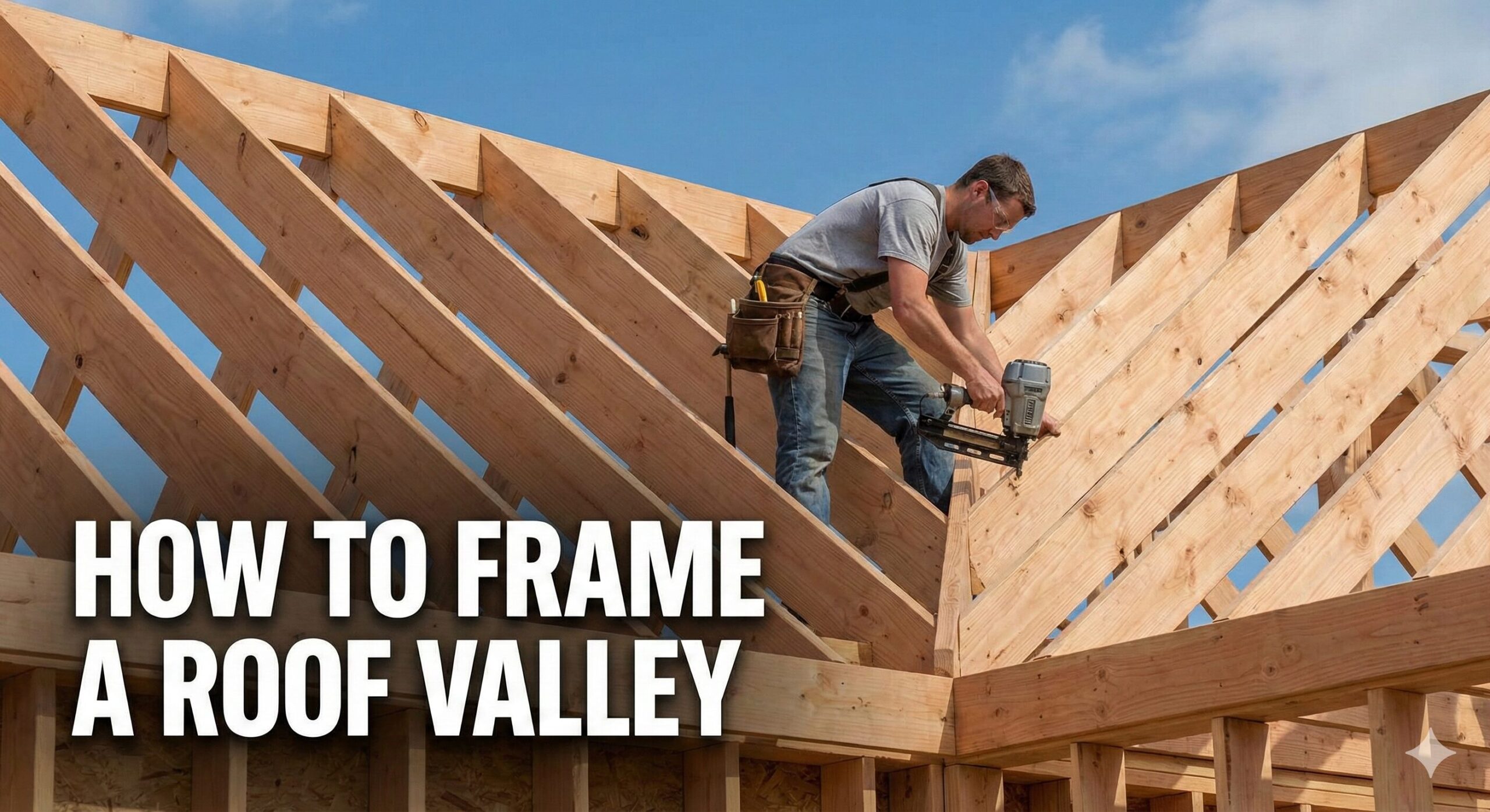Carpenter framing a complex wooden roof structure