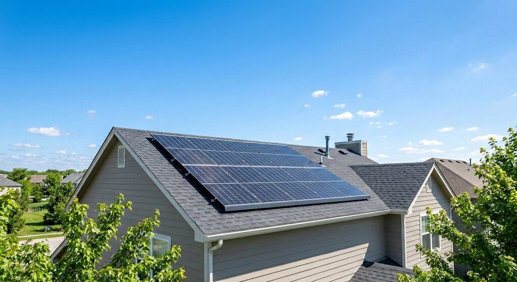 Solar panels mounted perfectly on an asphalt shingle roof against a blue sky