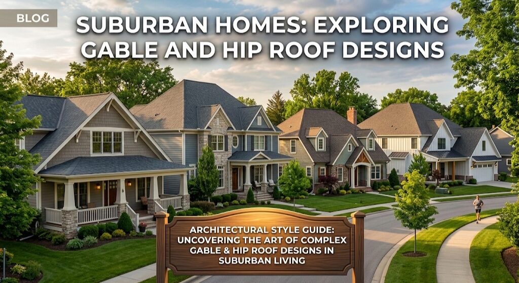 Suburban homes showcasing a mix of complex gable and hip roof architectural designs