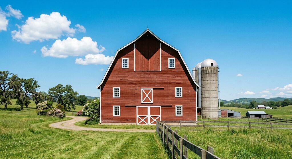 Beautiful red barn featuring a classic symmetrical gambrel roof against a blue sky