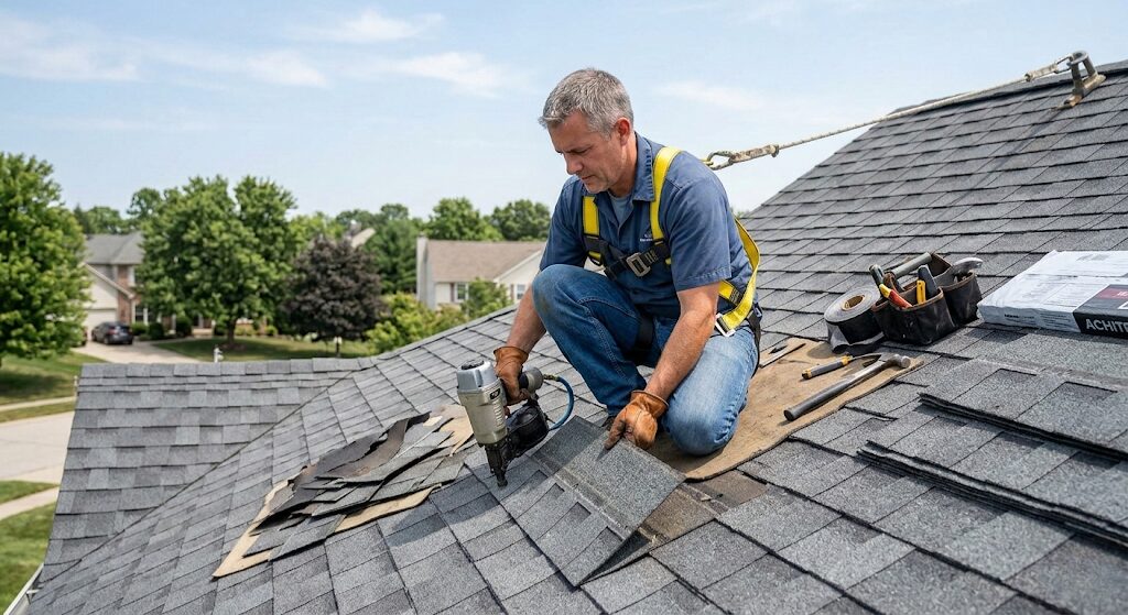 A homeowner safely working on a pitched roof, replacing a damaged architectural asphalt shingle