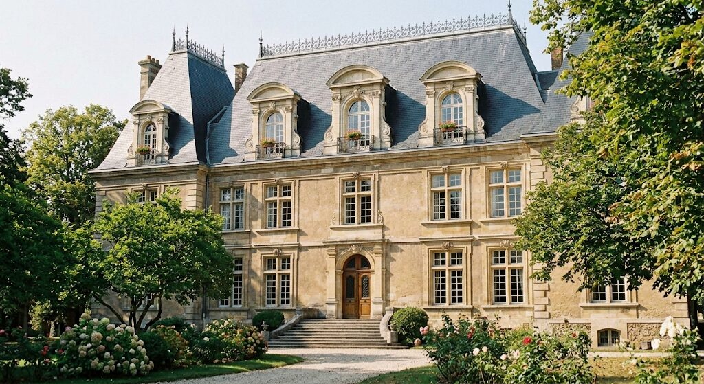 Beautiful historic building featuring a classic slate Mansard roof with ornate dormer windows