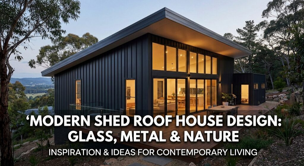 Modern shed roof house with large glass windows and dark metal siding